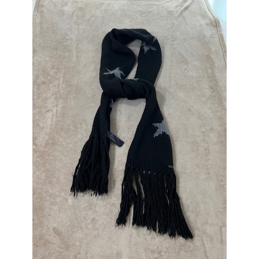 Coach Star Knit Scarf Women O/S Black Gray Wool Alpaca Blend Leather Logo Fringe